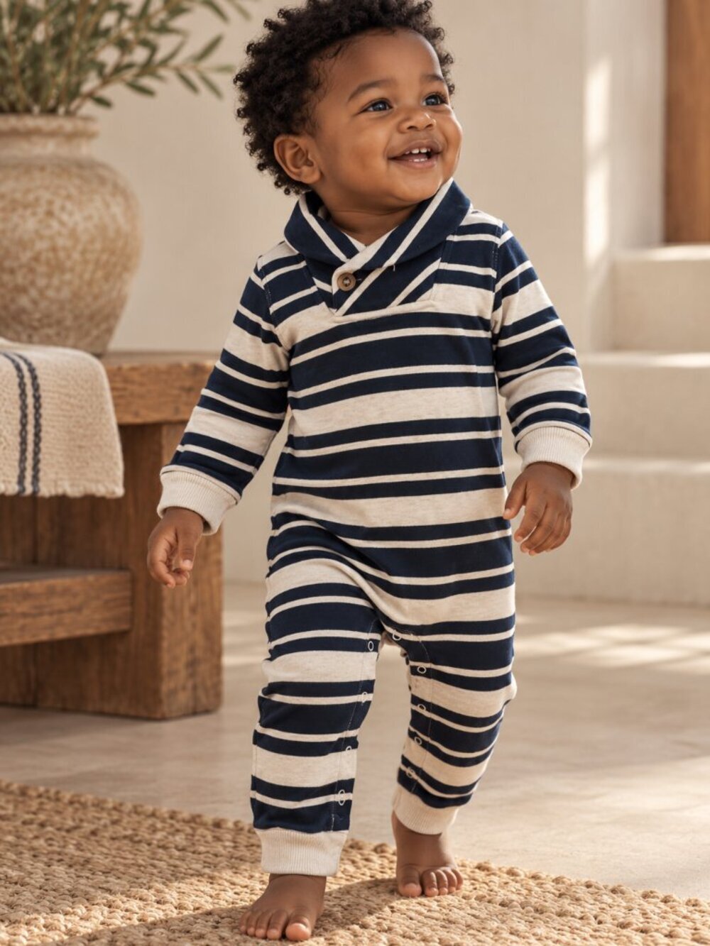 Old Navy Baby Boys Navy/Cream Striped Shawl Collar Romper One Piece 6-12M